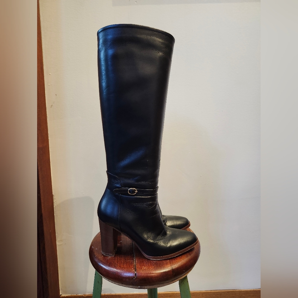Sezane black high heeled knee high leather boots, sz EU 38 / US 7